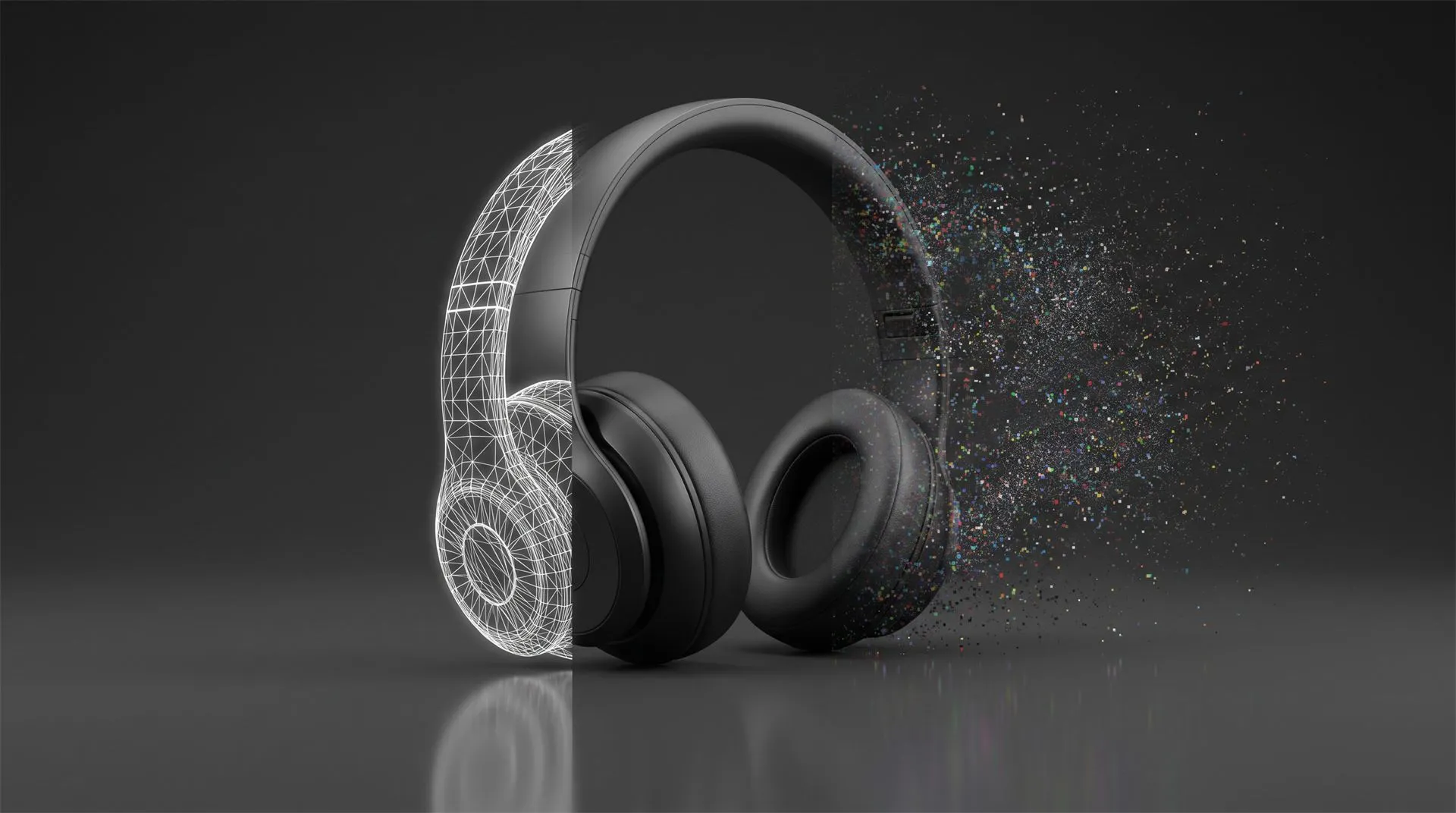 One pair of headphones shown as a wireframe mesh on the left, a finished render in the middle, and dissolving into pixel noise on the right