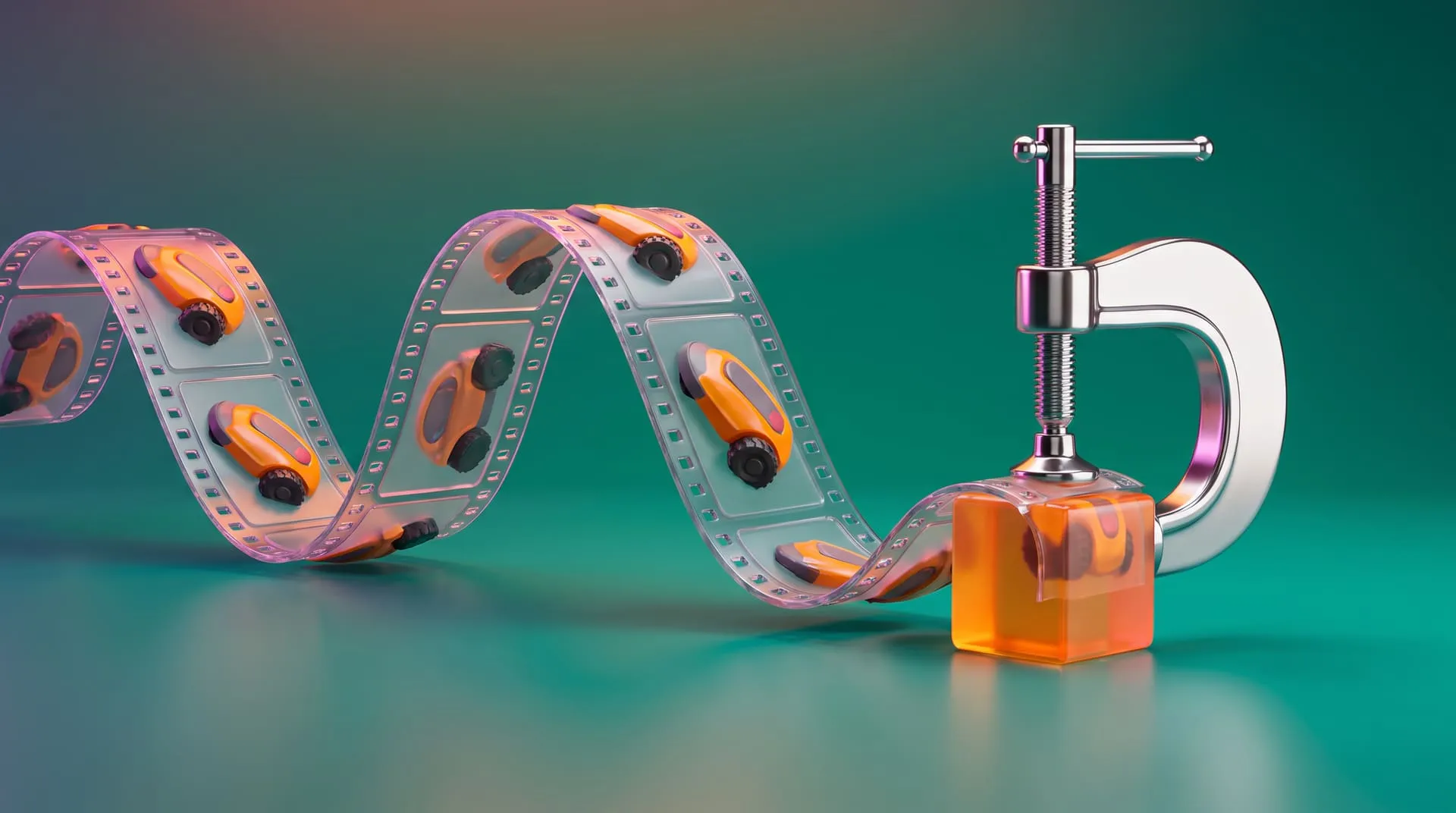 A film strip of an orange robot lawn mower squeezed by a chrome clamp into a small orange cube on a teal background