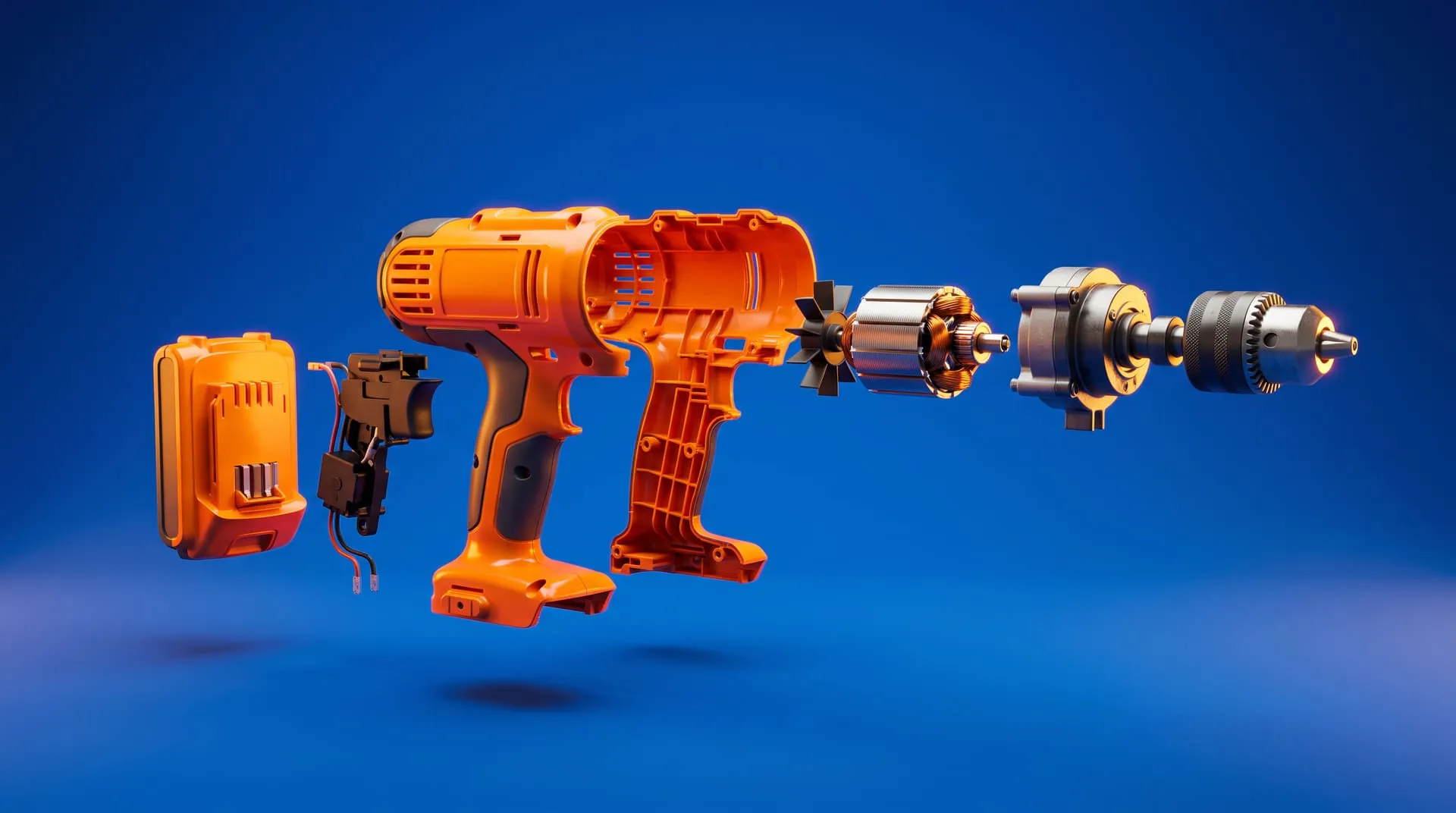 Exploded view of an orange cordless drill with the battery, trigger, housing halves, motor, gearbox and chuck separated along one axis on a blue background