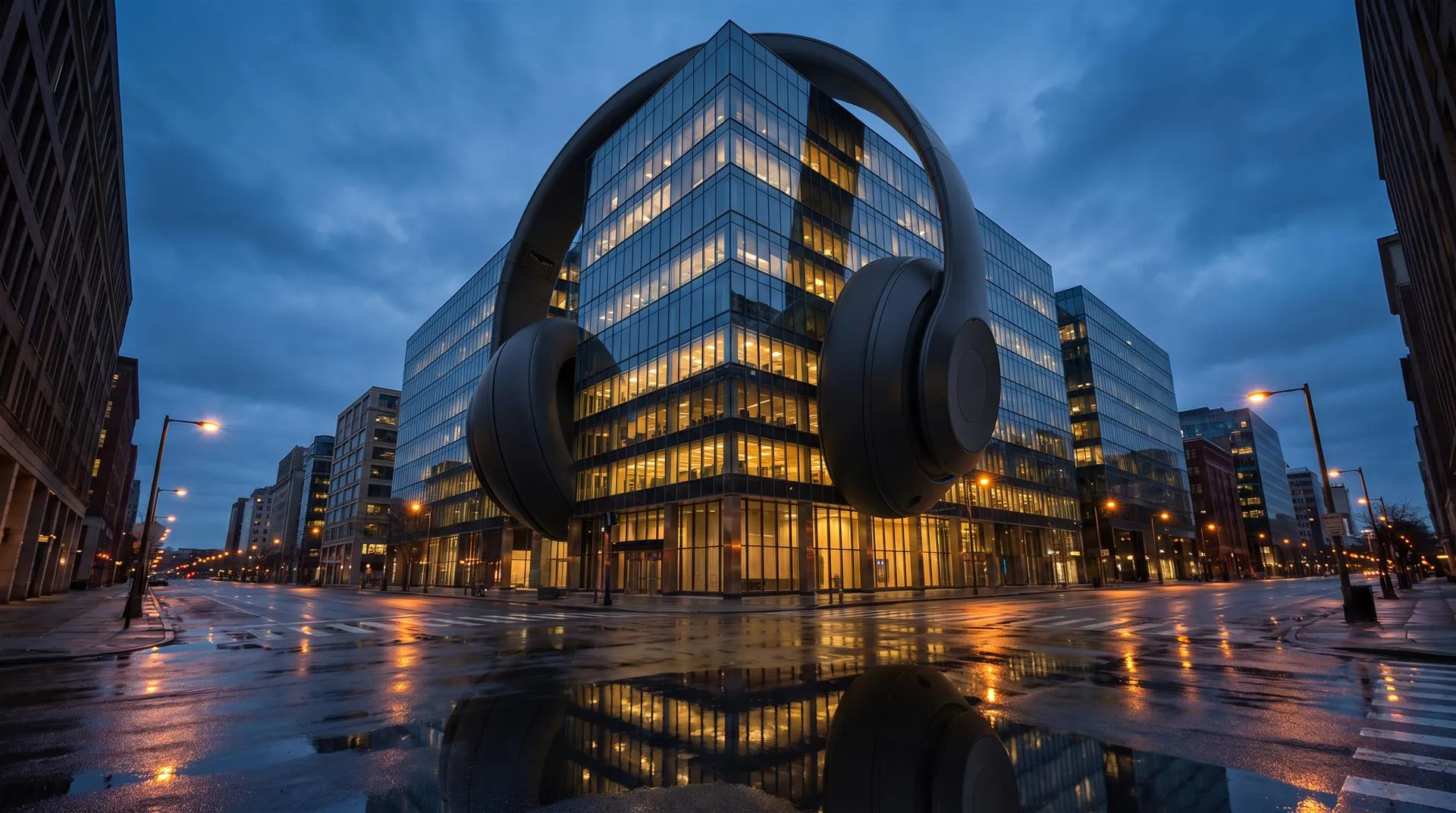 Giant matte black over-ear headphones placed around a glass office building at dusk, reflected in a wet street