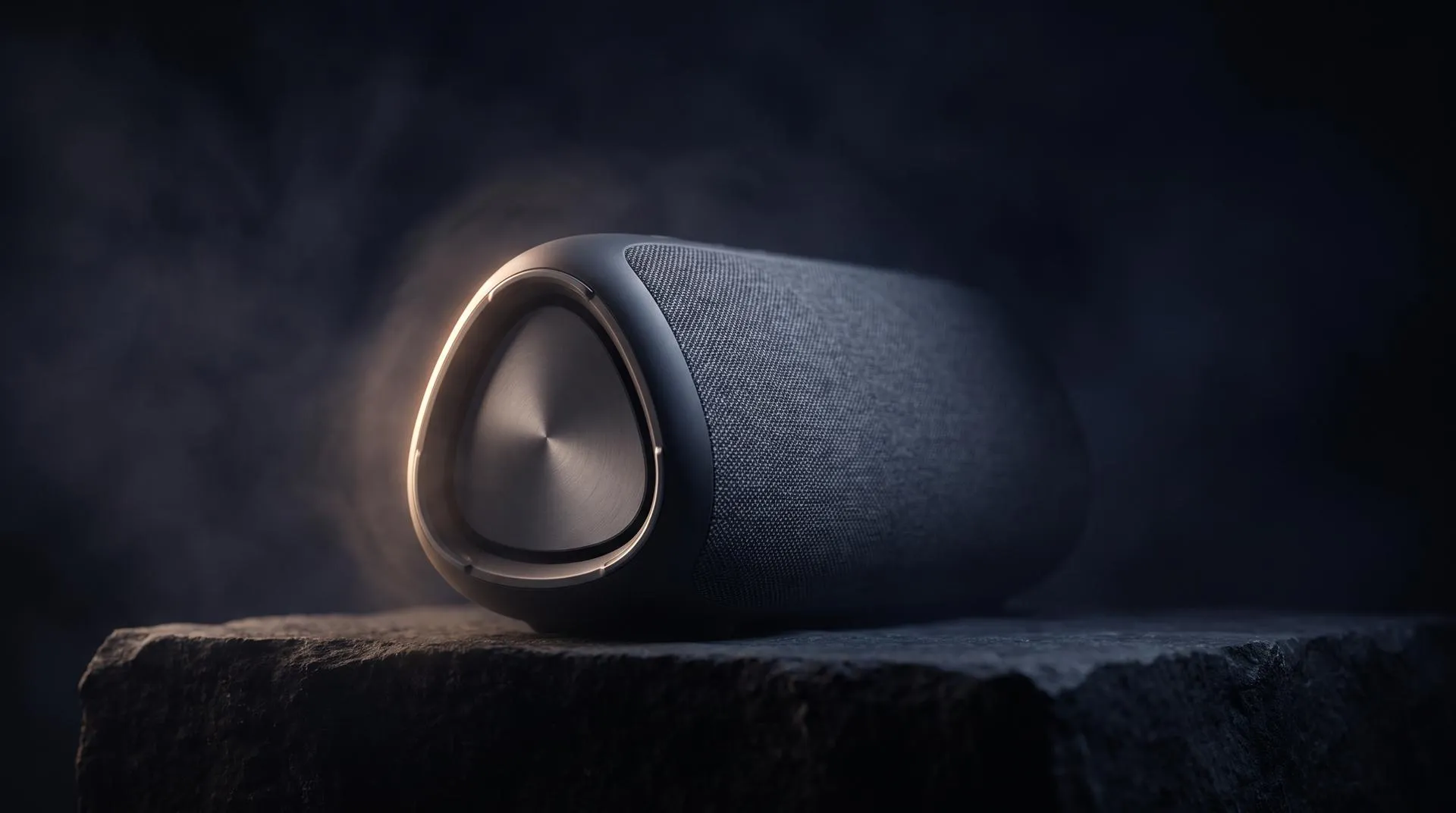 A dark fabric covered portable speaker resting on a rough stone plinth, lit by a single warm rim light in a smoky studio