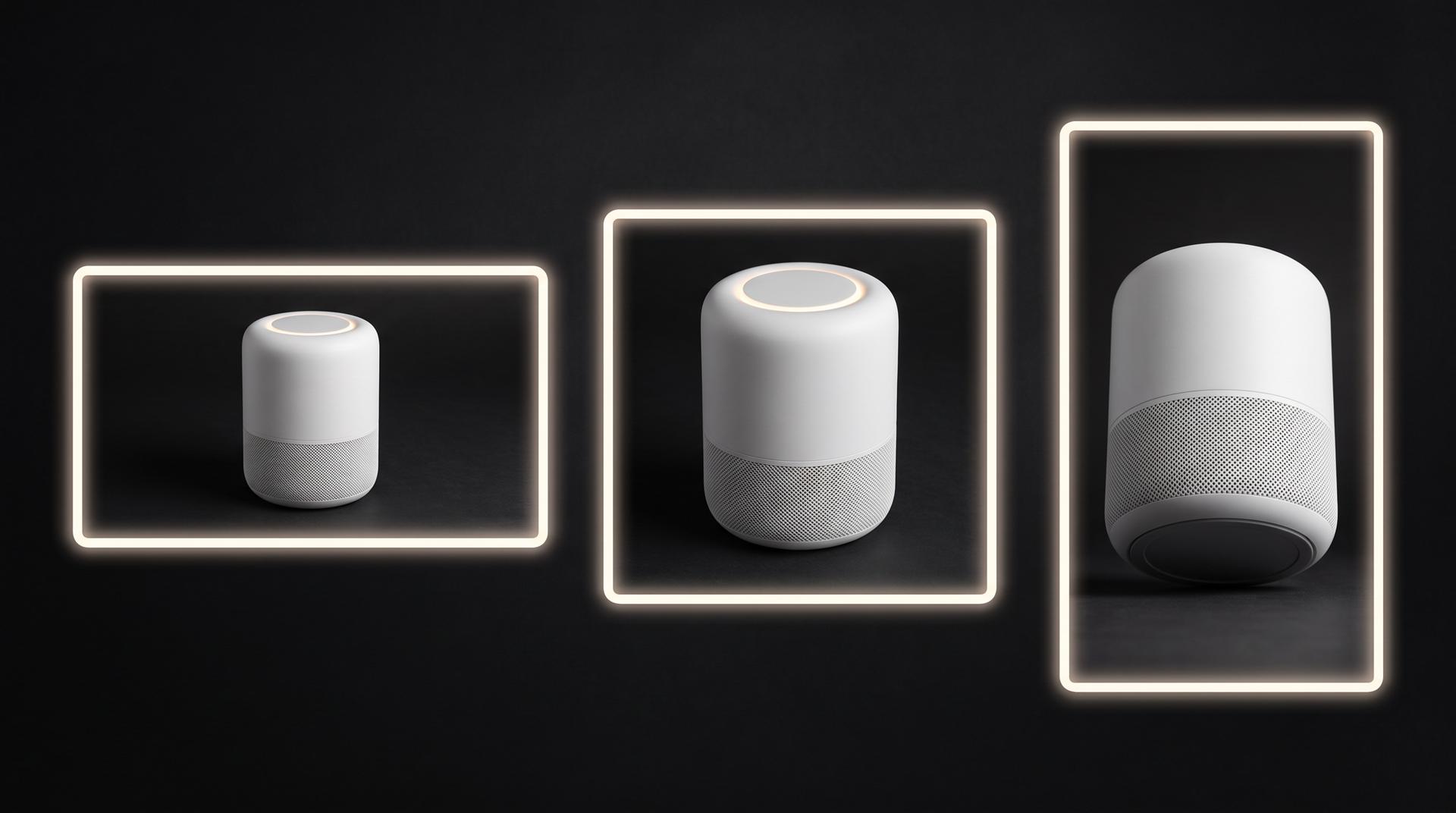 The same white smart speaker framed three times inside glowing outlines: a wide horizontal frame, a square frame and a tall vertical frame, each with a different camera angle