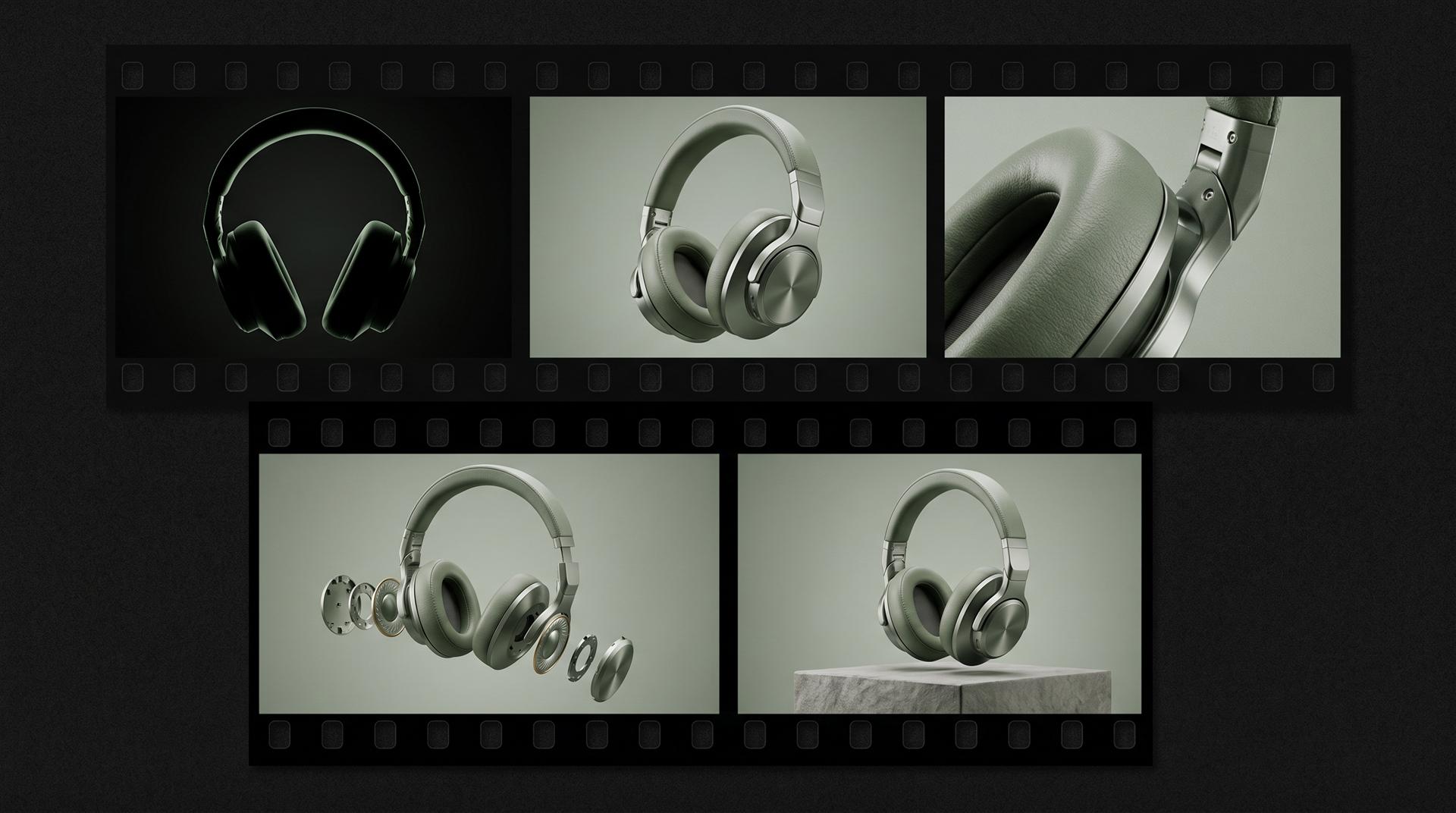 Five film frames on a dark background showing the same pair of sage green headphones as a silhouette, a three-quarter view, a macro of the ear cushion hinge, an exploded view with drivers floating out, and a final hero shot on a stone plinth