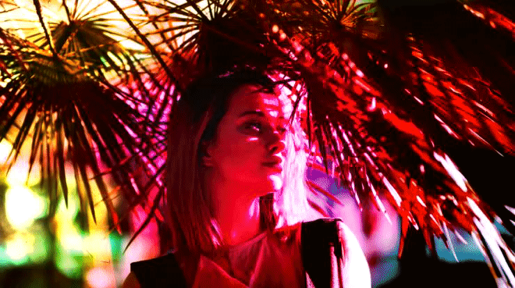 girl palm tree melancholy looking colorful overlay
