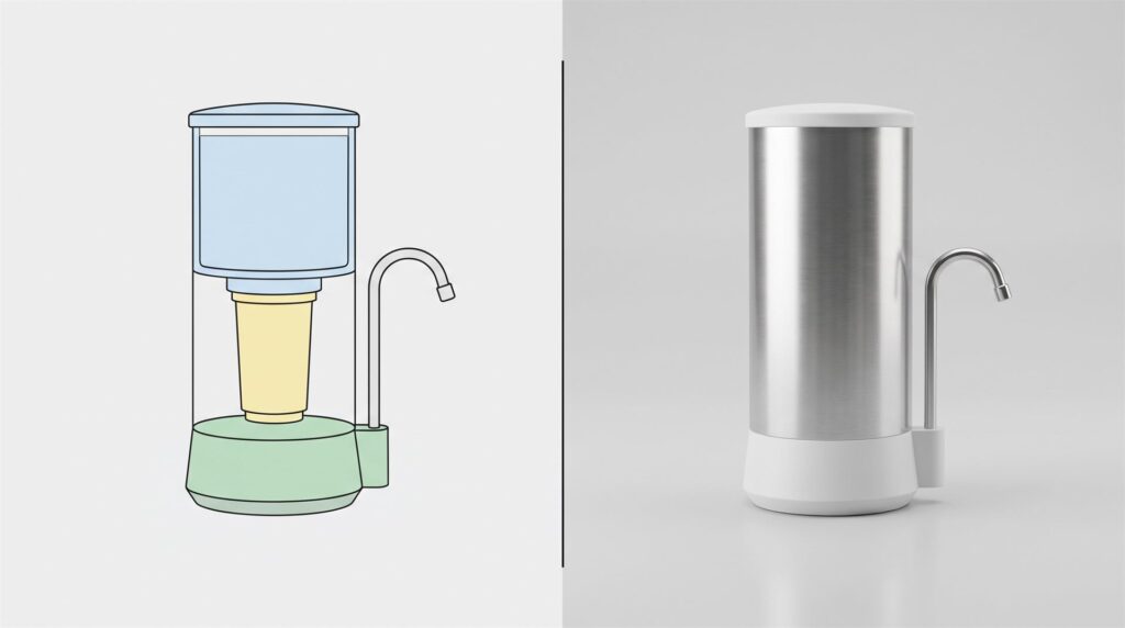 The same water filter product shown twice, as a flat 2D vector illustration on the left and as a photorealistic 3D product render on the right, both the same object