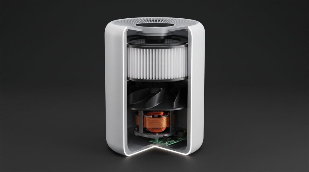 A 3D cutaway render of an air purifier showing the pleated filter, fan impeller, copper motor coil and circuit board inside the housing