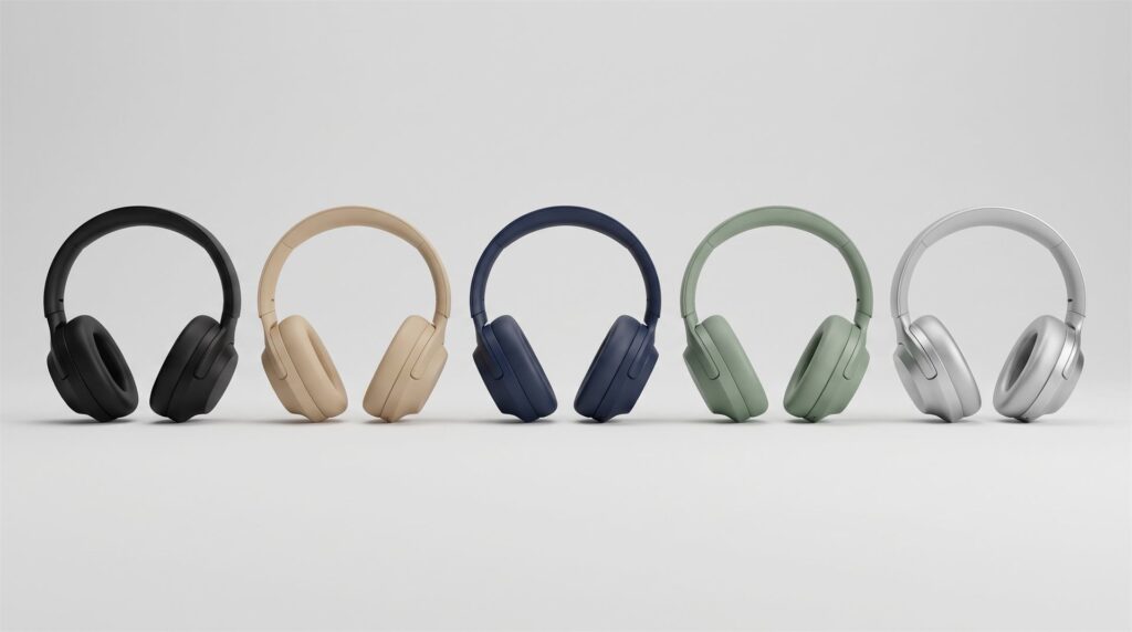 Five identical wireless headphones in a row, each in a different finish: black, beige, navy, sage green and silver