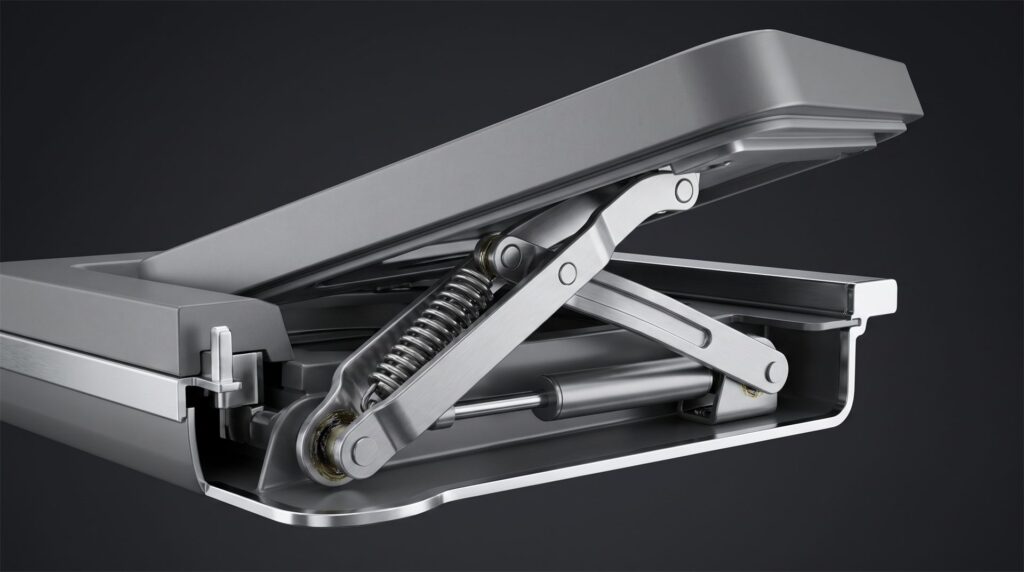 A cutaway render of an appliance lid hinge caught partway open, showing the internal linkage, pivot arm, spring and damper that drive it