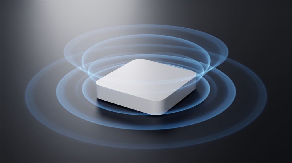 A compact white networking device on a dark surface with glowing translucent blue wave rings radiating outward to visualize a wireless signal