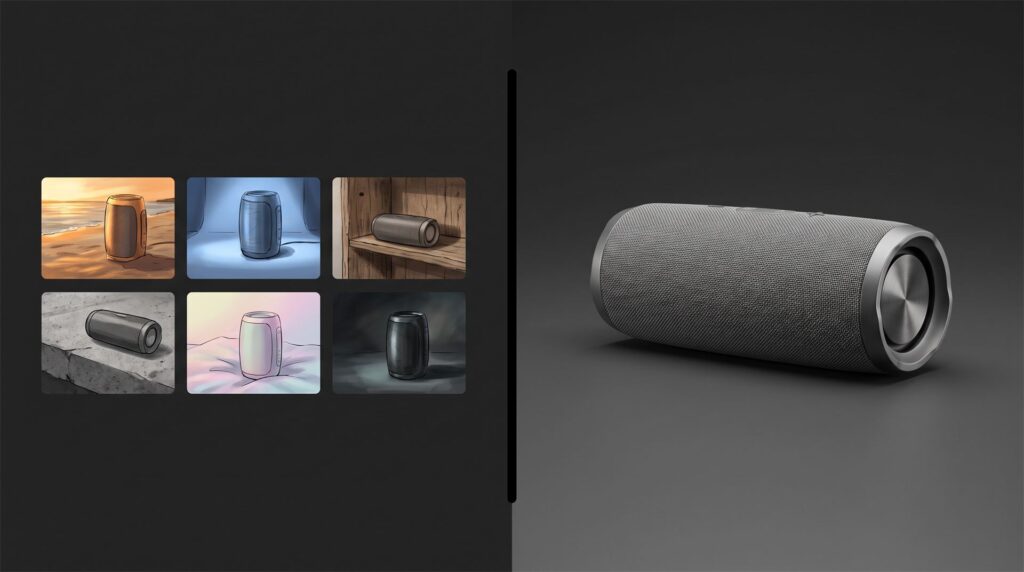 A mood board of six loose concept images of a speaker on the left, and one precise studio render of the speaker on the right