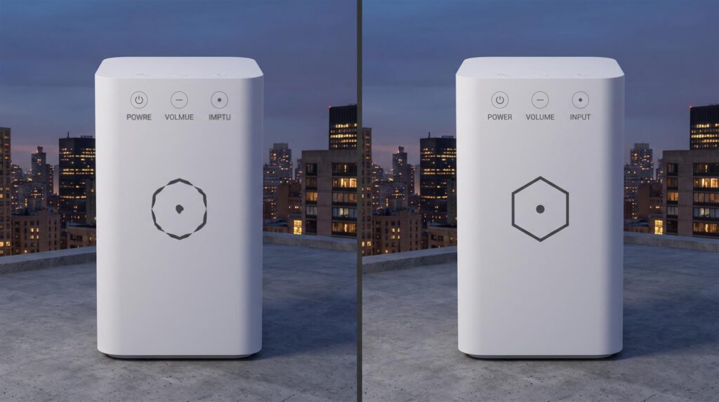Two identical white smart speakers on a city rooftop, the left with a warped emblem and misspelled labels, the right with a clean emblem and correct labels