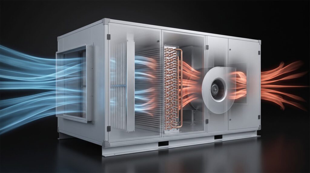 A render of an air handling unit with ghosted panels and streamlines of air turning from blue to orange as they pass through the coil and fan