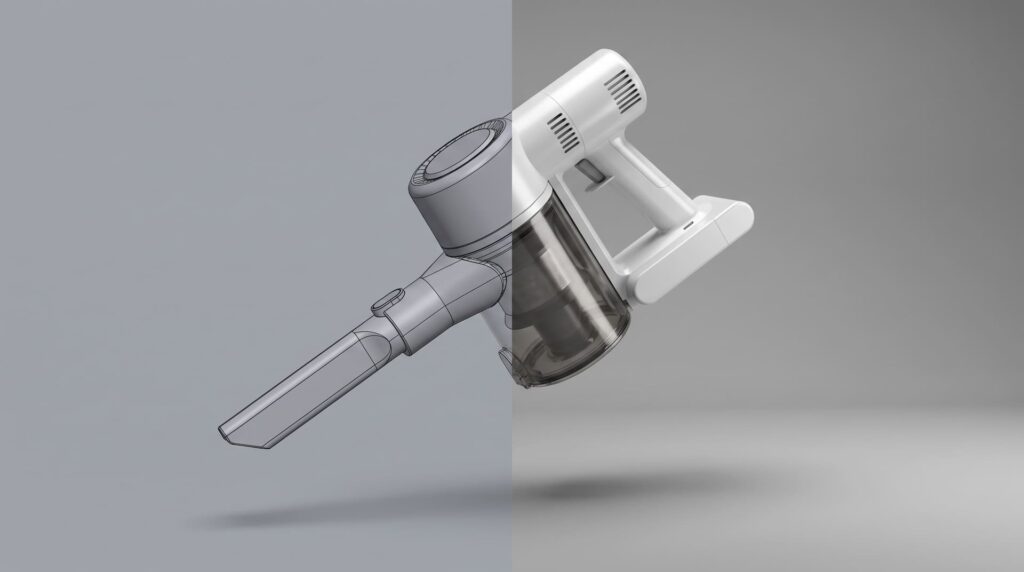 The same handheld vacuum shown half as a gray CAD model with visible edges and half as a photoreal render