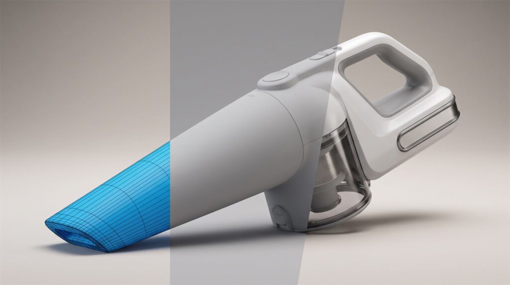 A handheld vacuum shown in three stages: a blue wireframe mesh on the left, a grey clay model in the middle, and a fully lit photorealistic product render on the right
