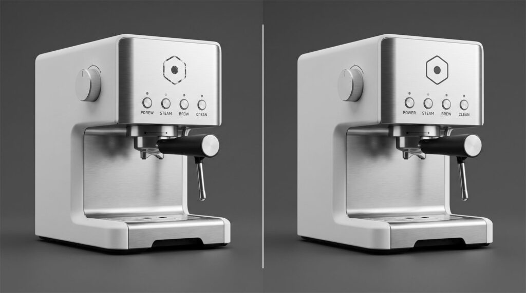 The same espresso machine shown twice: on the left with a broken logo and misspelled button labels, on the right with a clean logo and correct labels