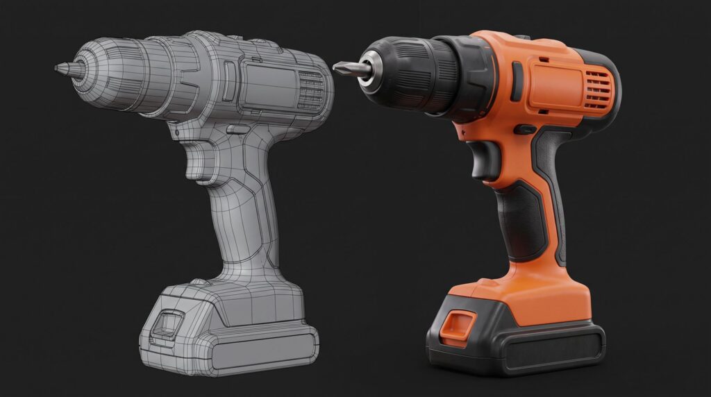 Cordless drill shown twice, once as a gray wireframe 3D model and once as the finished photorealistic render