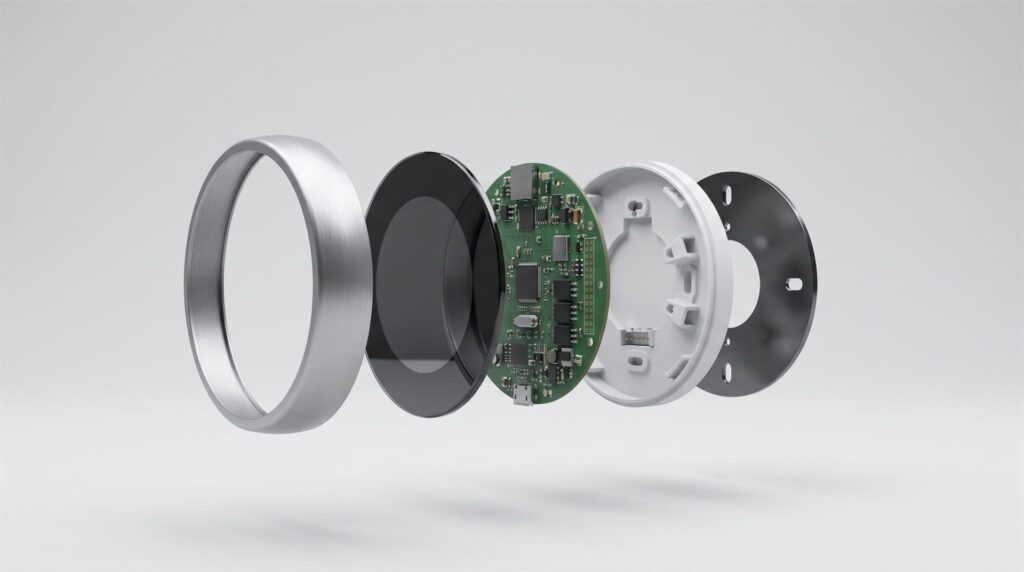 Exploded view render of a round smart thermostat separated into layers: metal outer ring, glass display, circuit board, plastic chassis and mounting backplate