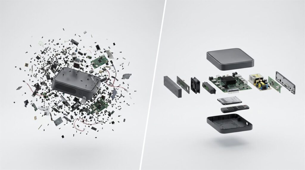 Two exploded views side by side: on the left hundreds of tiny parts scattered in a chaotic cloud, on the right about ten major components spaced evenly in a readable line