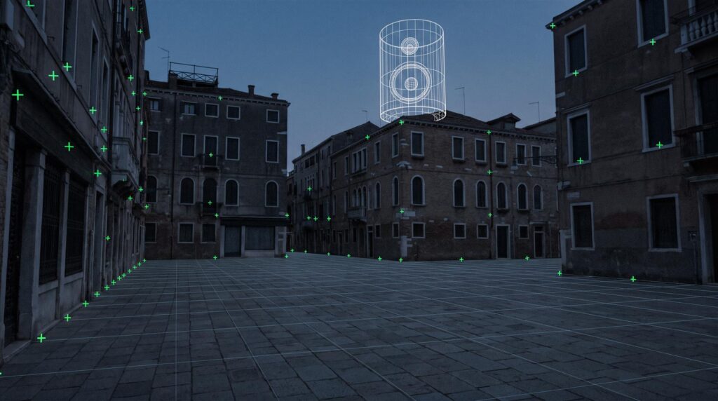 Empty city plaza at dusk with green camera tracking markers on the ground and buildings, and a white wireframe 3D speaker placed on a rooftop