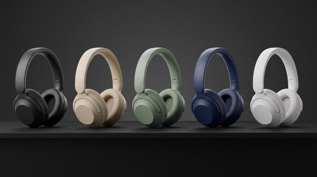 Five identical over-ear headphones in graphite, sand, sage, navy and white, lined up with the same angle and lighting