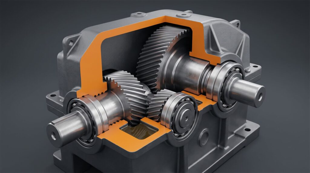 A cutaway render of an industrial gearbox with a quarter of the housing removed to show the gears, shafts and bearings