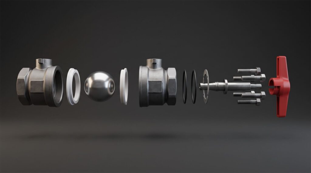 An exploded view render of an industrial ball valve with the body halves, ball, seats, seals, stem, bolts and handle separated in assembly order
