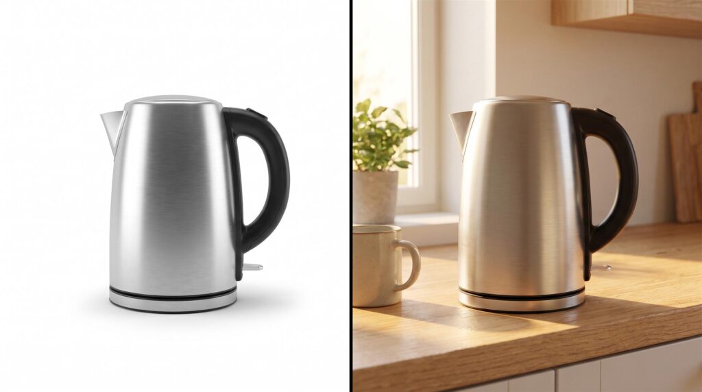 Stainless steel kettle rendered twice: on a pure white background and in a kitchen scene on an oak counter