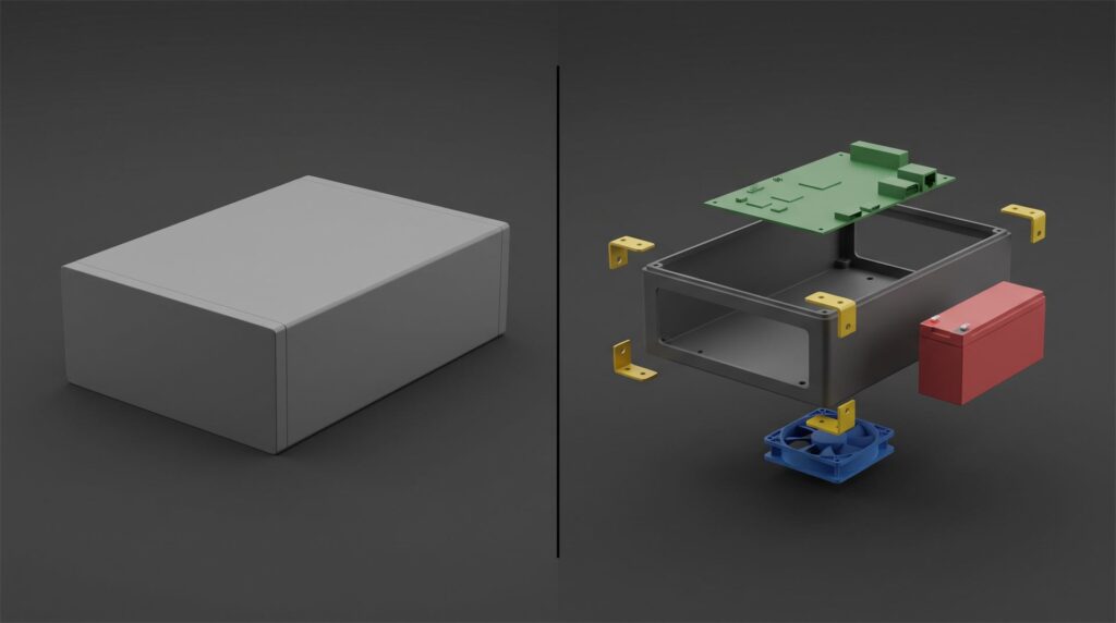 The same device shown twice: on the left as one fused featureless grey shell, on the right exploded into separate color coded parts including housing, circuit board, battery, fan and brackets