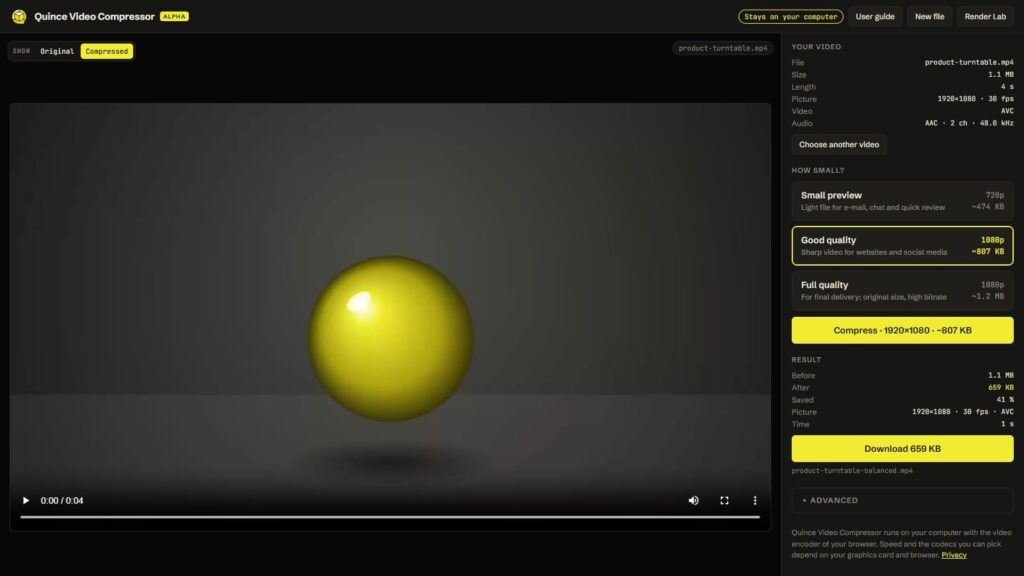 The finished result: the Original and Compressed switch above the video, and a result panel with the size before and after, the percentage saved and the Download button