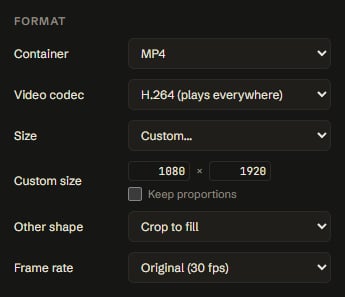 Advanced format settings with a custom size of 1080 by 1920, Keep proportions switched off and Crop to fill chosen for the other shape
