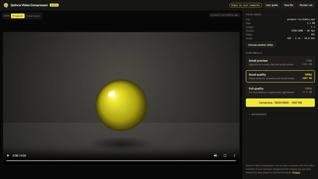 The Quince Video Compressor with a product video loaded, the three quality buttons and the file details on the right