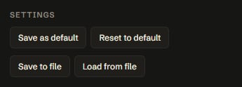 Settings buttons: Save as default, Reset to default, Save to file and Load from file