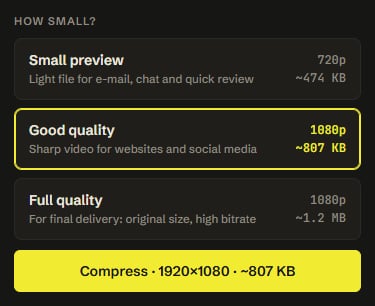 The three quality buttons, Small preview, Good quality and Full quality, each with the picture height and the expected file size, above the Compress button