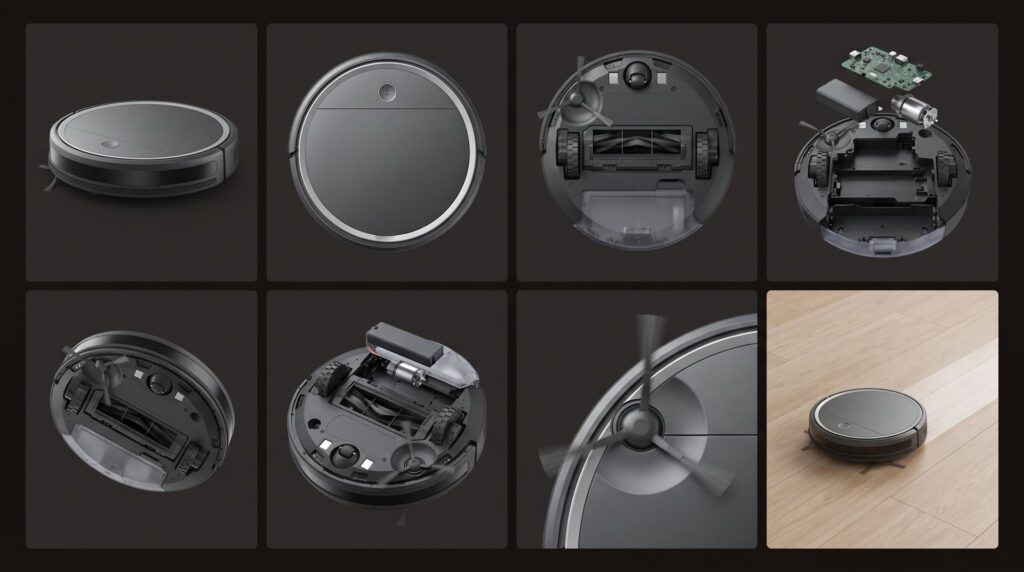 Eight frames of the same robot vacuum: hero angle, top view, underside, exploded internals, brush close-up and on a wood floor