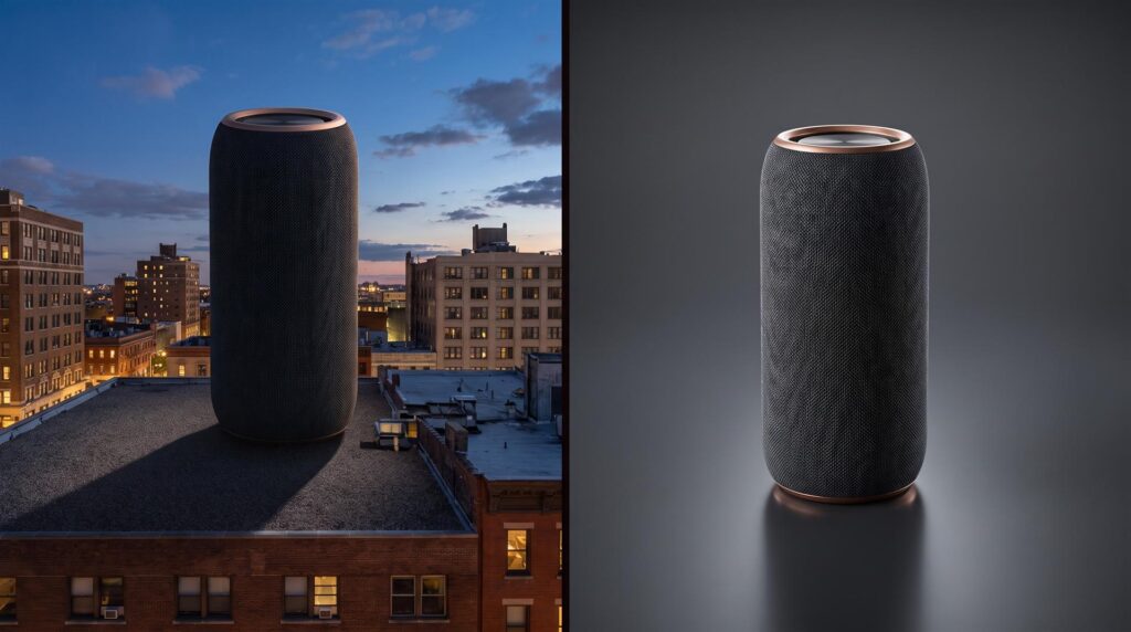 The same cylindrical speaker model shown huge on a city rooftop at dusk on the left and as a clean studio product render on the right