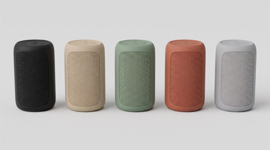 Five identical portable speakers in black, beige, green, terracotta and light gray, rendered from the same 3D model