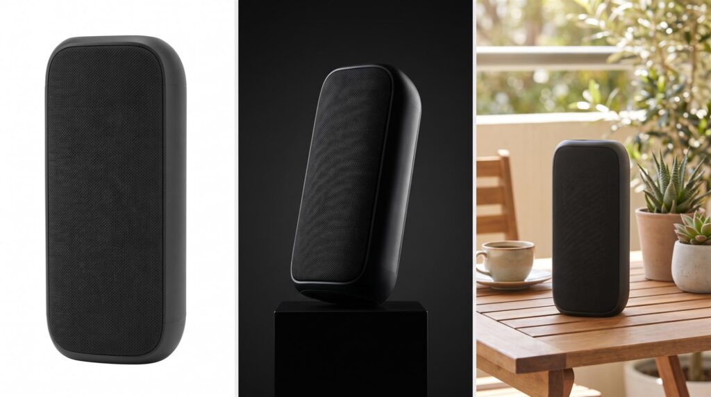 Same portable speaker shown three ways: a plain packshot on white, a dramatic hero shot on a dark background, and a lifestyle scene on a balcony table