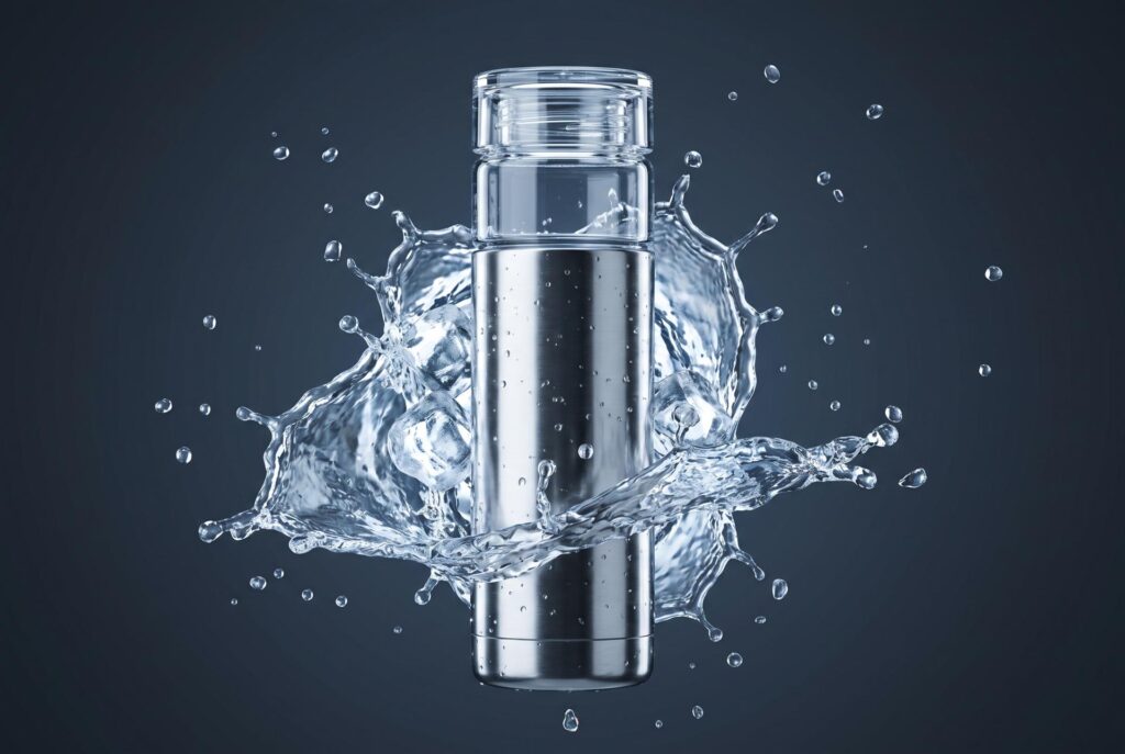 Stainless steel bottle with a clear glass top, surrounded by a frozen water splash and ice cubes on a dark blue-gray background